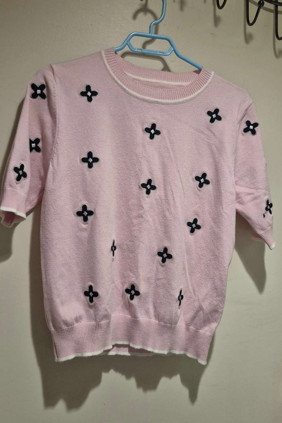 Pink Sweater with Black Flower Embellishments - Size L