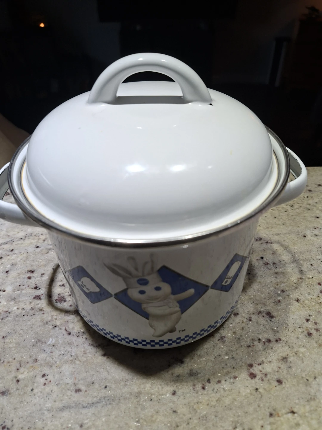 White Enamel Pot with Blue Trim