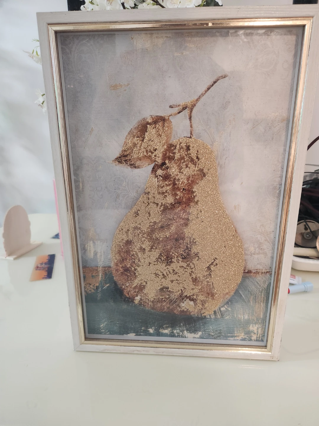 Framed Pear Wall Art with Gold Glitter