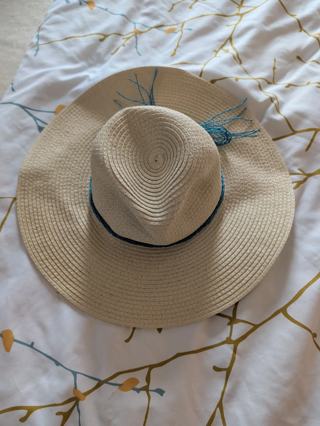 Straw Sun Hat with Blue Ribbon
