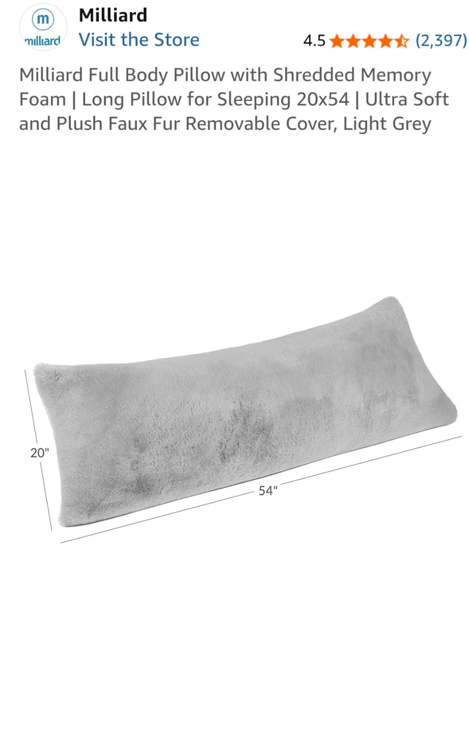 Milliard Full Body Pillow 20"x54" Light Grey Faux Fur - photo 3