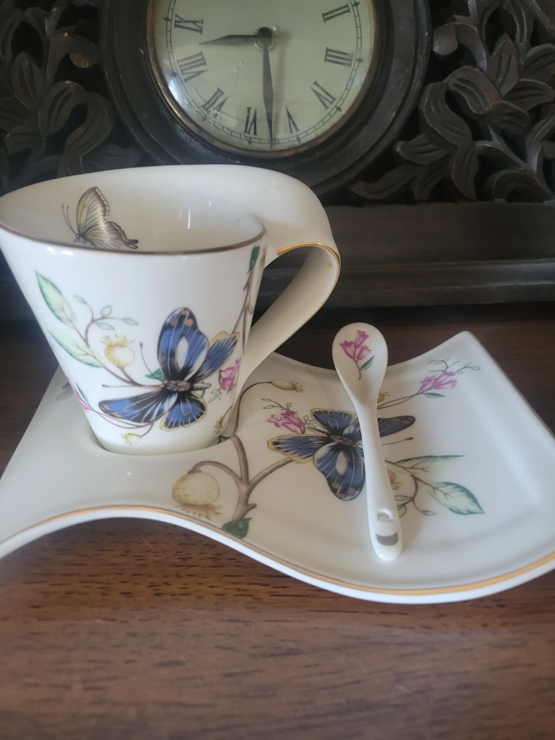 Adeline Fine Porcelains Butterfly Teacup, Saucer, and Spoon Set