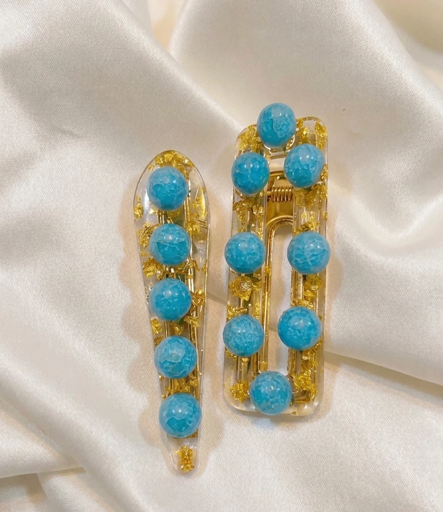 Turquoise Blue/Gold Handmade Resin Hairclips
