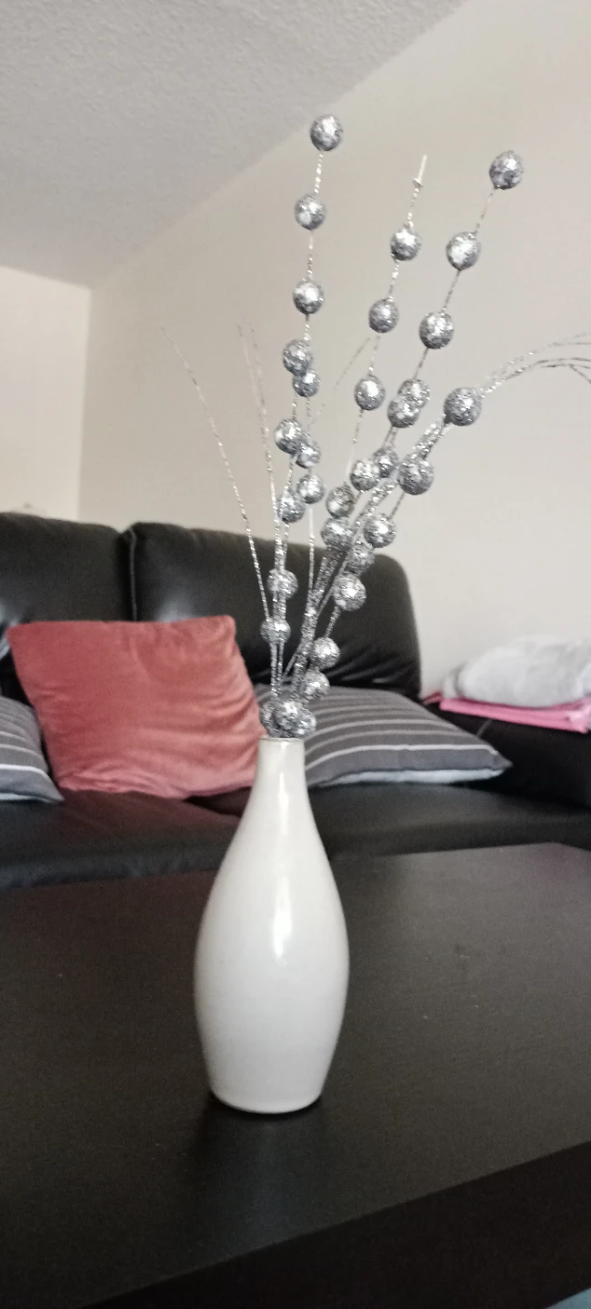 Decorative Silver Glitter Ball Picks with White Vase