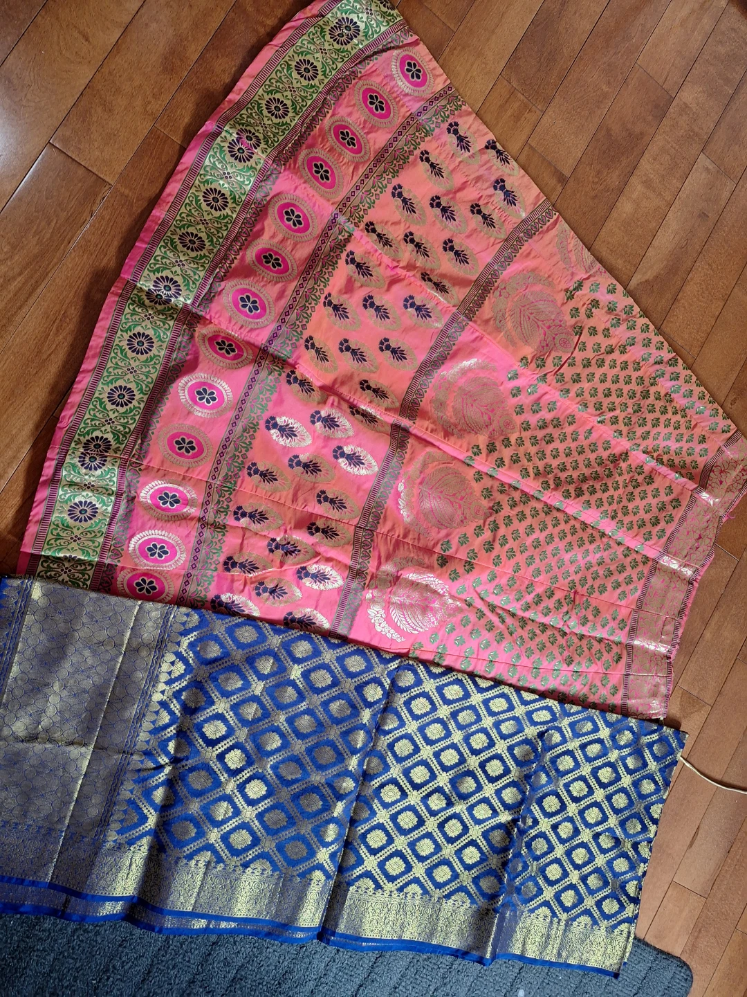 Multi colored skirt and blue dupatta