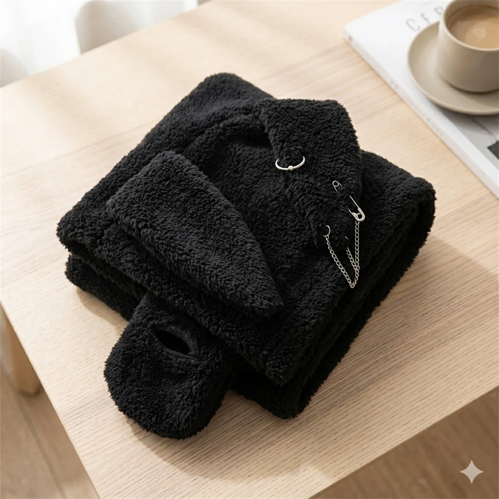 Black Teddy Fleece Hood Scarf with Mittens - photo 2