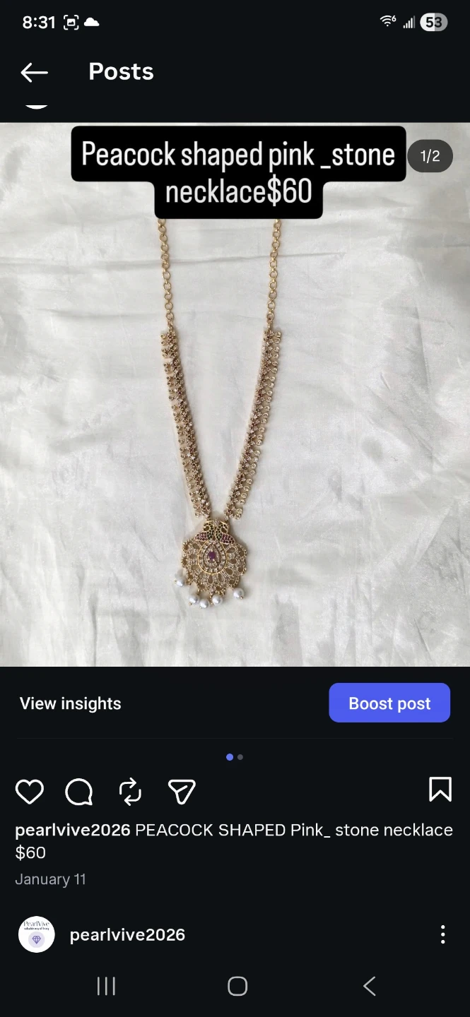 Peacock Shaped Pink Stone Necklace