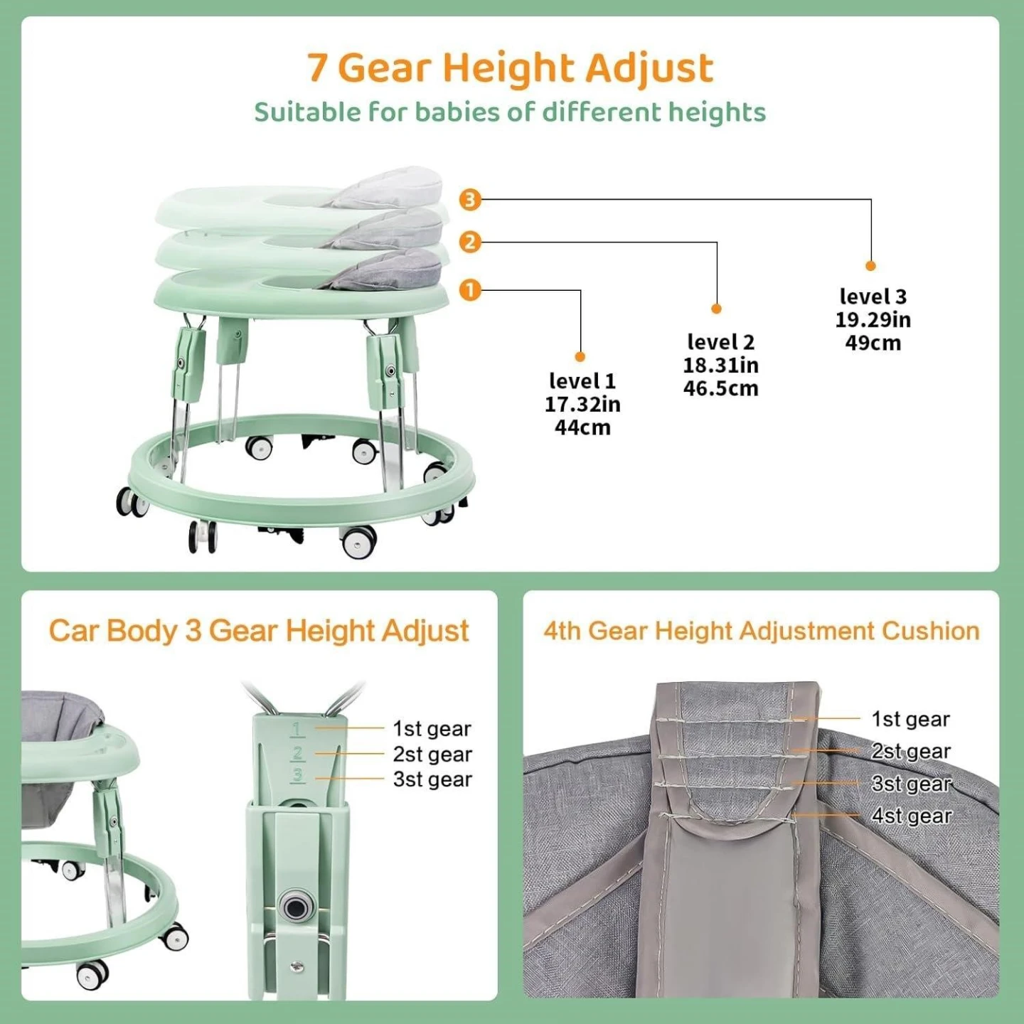 Brand New>>Baby Walker with 7 Gear Height Adjust - Mint Green - photo 2