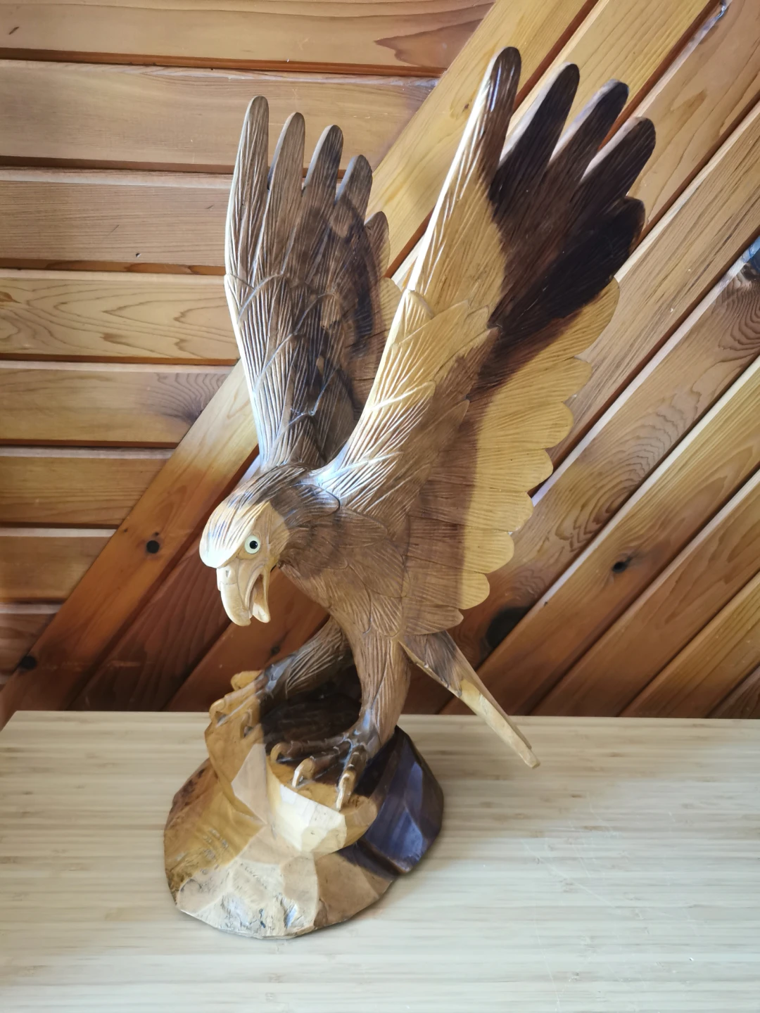 Vintage Hand Carved Wooden Eagle Tall Sculpture Glass Eyes