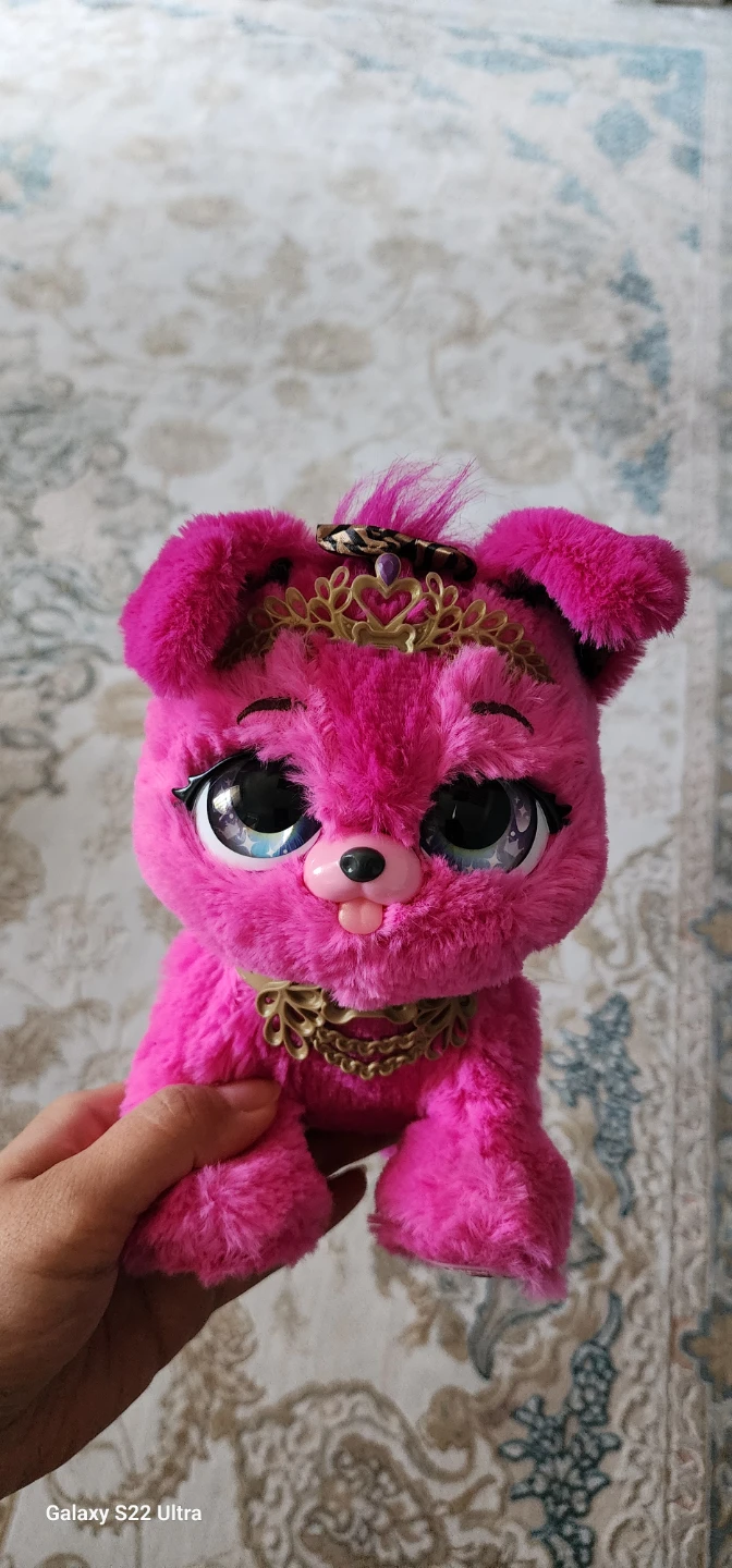 Pink Furry Toy Dog with Crown and Necklace