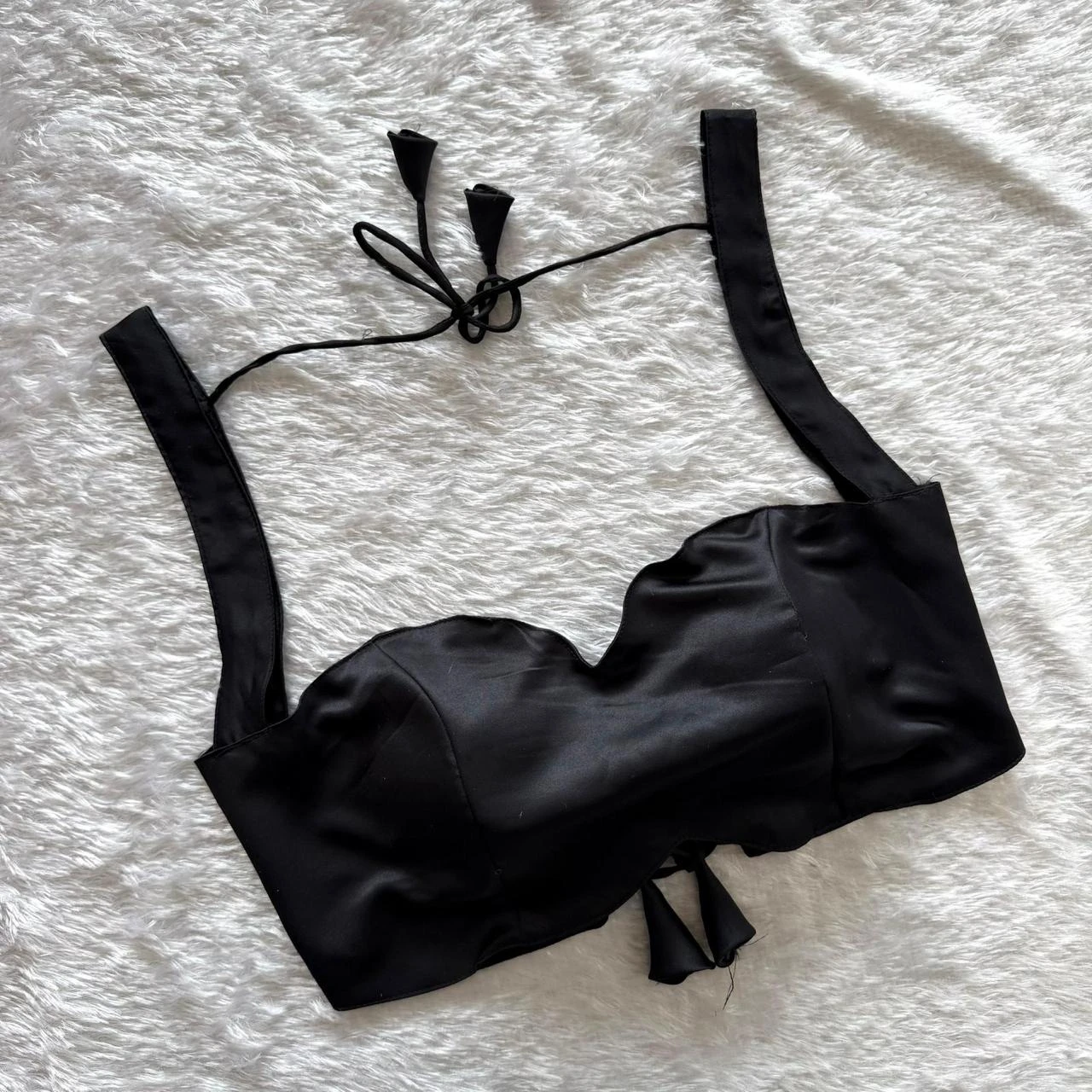 Black satin bustier top with tie straps🌱