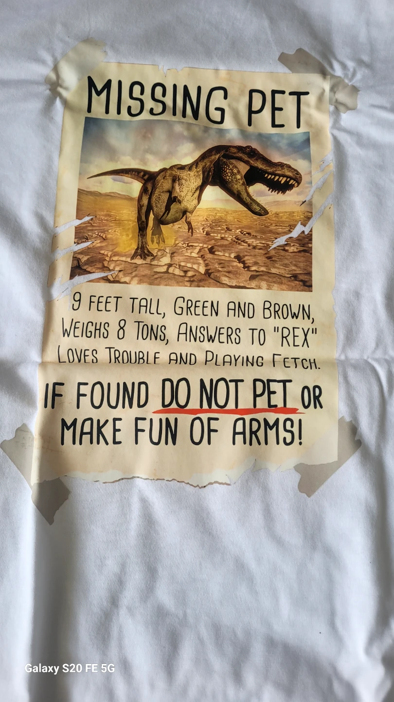 White Cotton T-Shirt - Missing Pet Dinosaur Graphic - XL
