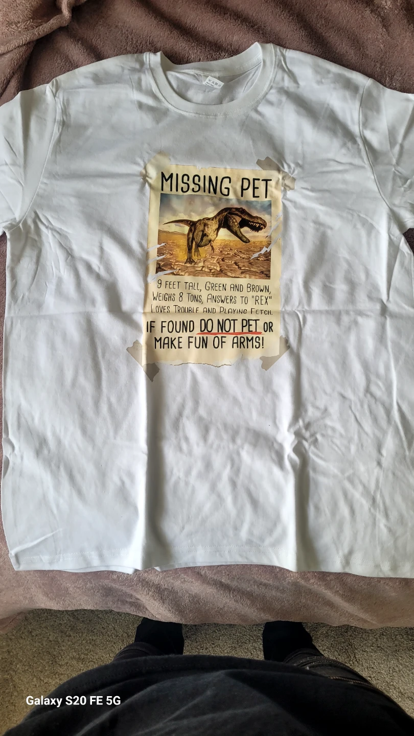 White Cotton T-Shirt - Missing Pet Dinosaur Graphic - XL - photo 2