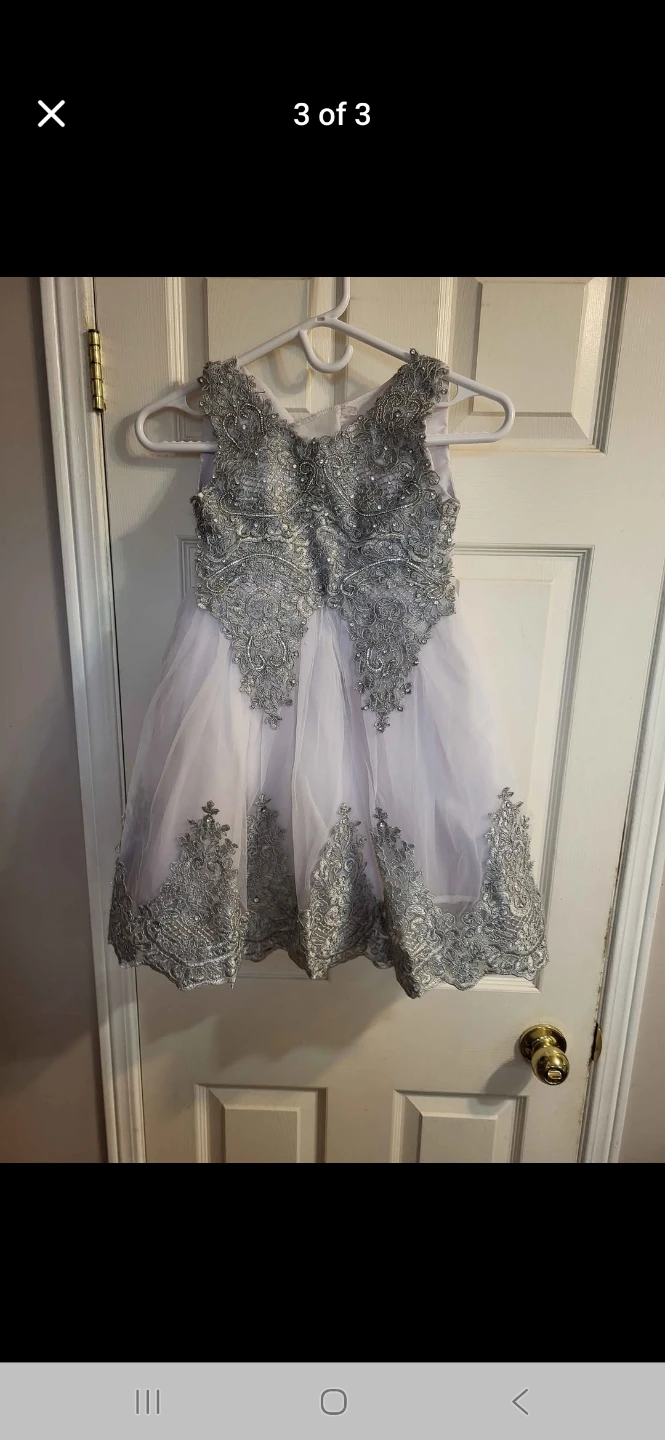 Girls White & Silver Lace Party Dress