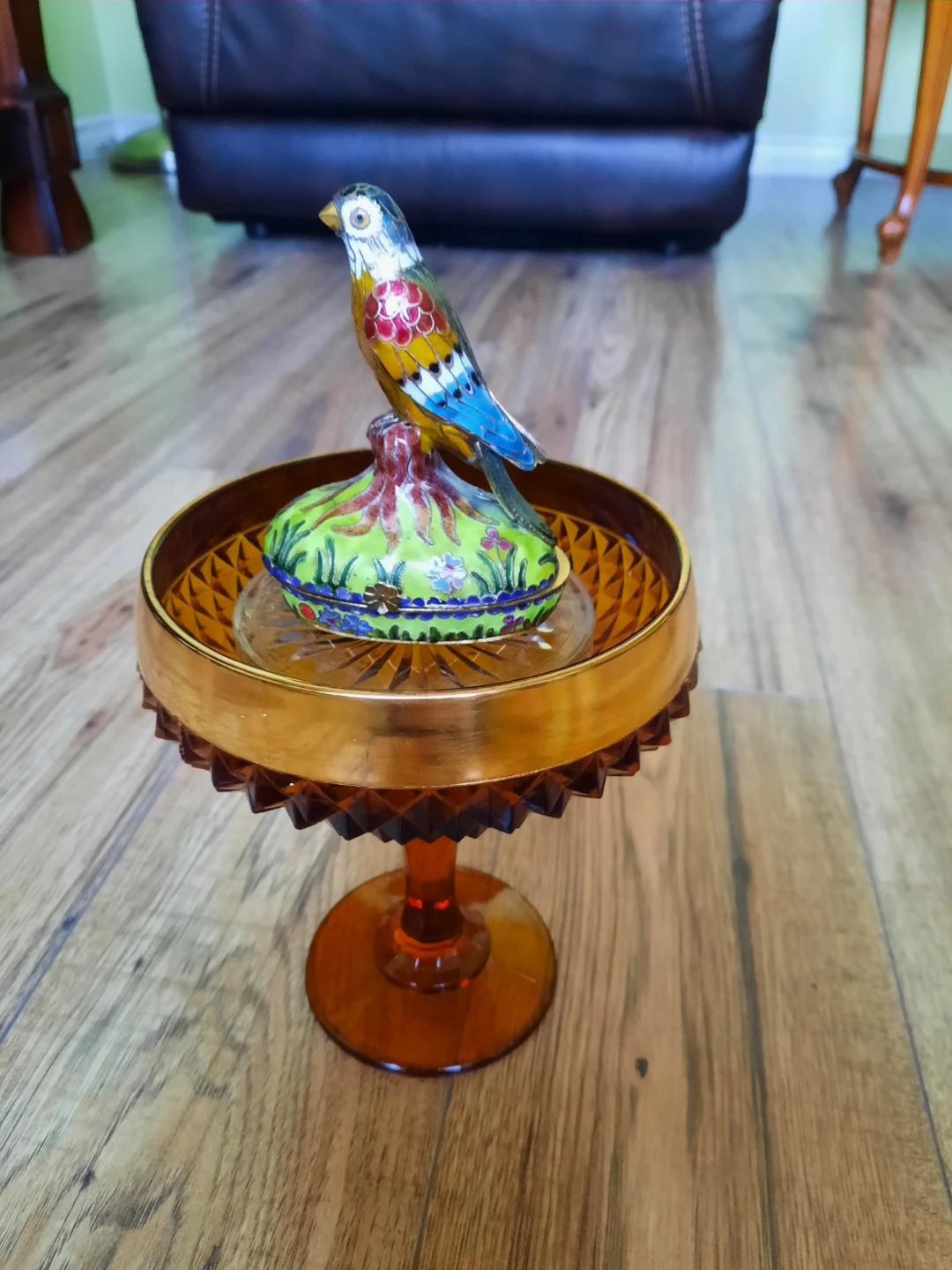 Amber glass compote dish with decorative bird lid - photo 5