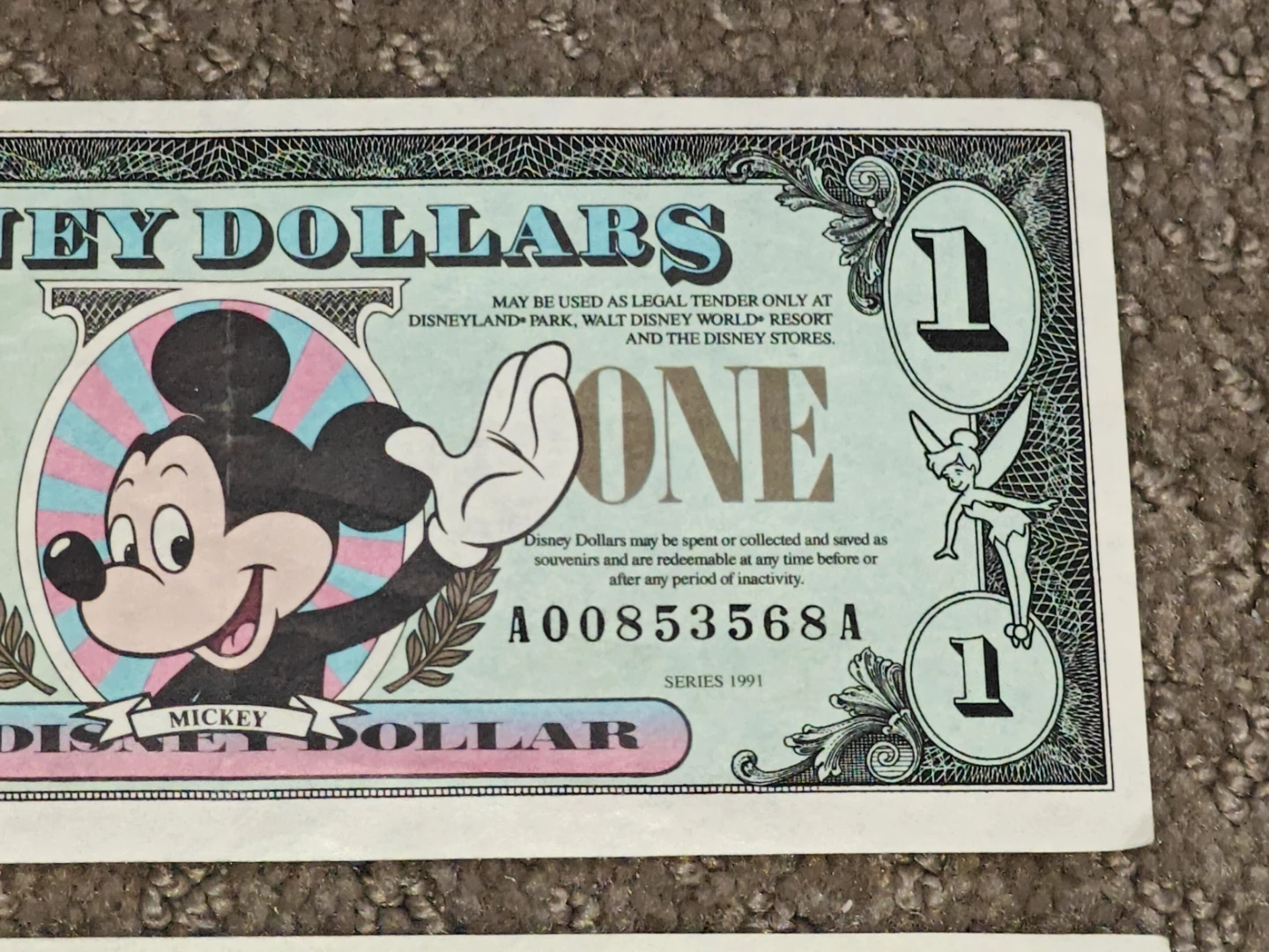 Vintage 1991 Disney Dollars $1 Notes (Mickey & Tinkerbell) Pair - photo 3