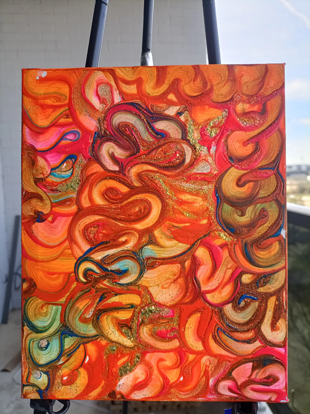 Abstract Swirls Canvas Painting Orange Pink Glitter