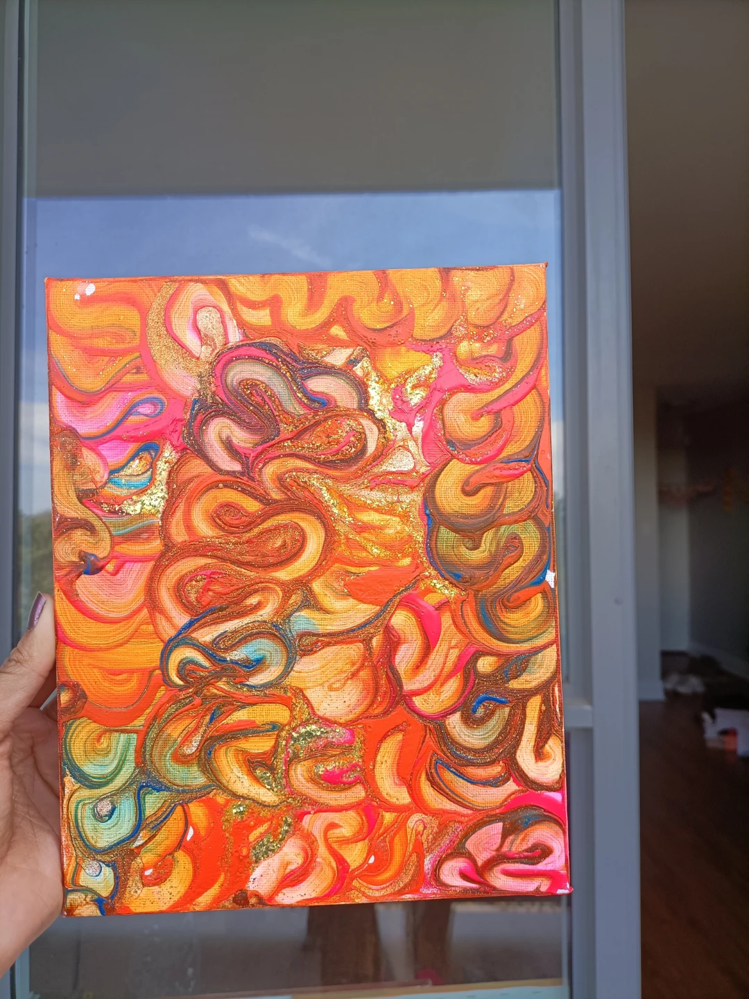 Abstract Swirls Canvas Painting Orange Pink Glitter - photo 2