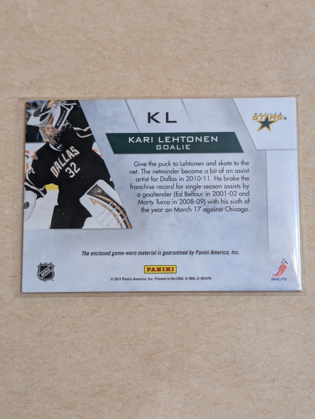 Kari Lehtonen Dallas Stars Game Worn Material Card - photo 2
