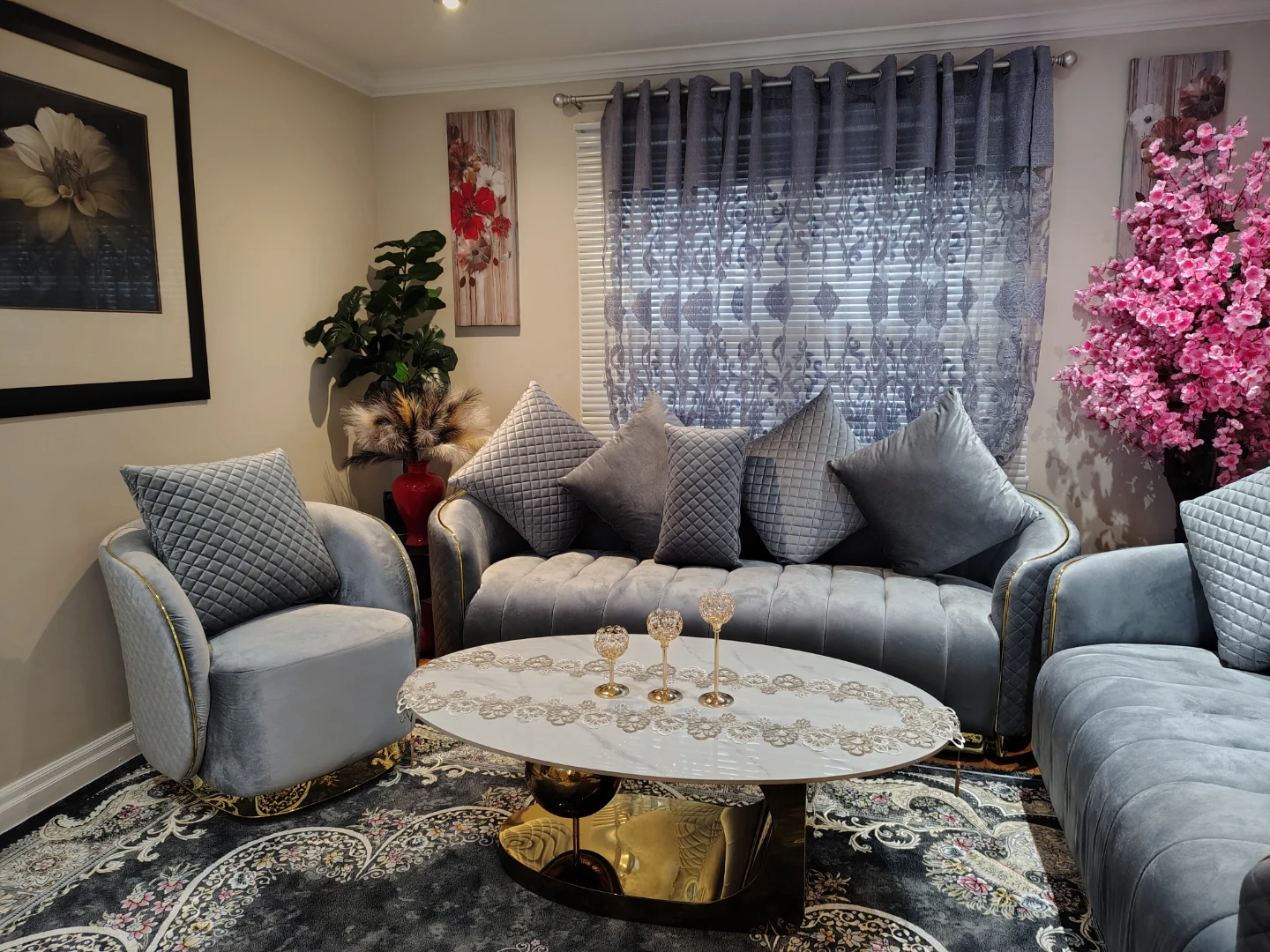 Grey Velvet Sofa Set with Gold Accents - photo 2
