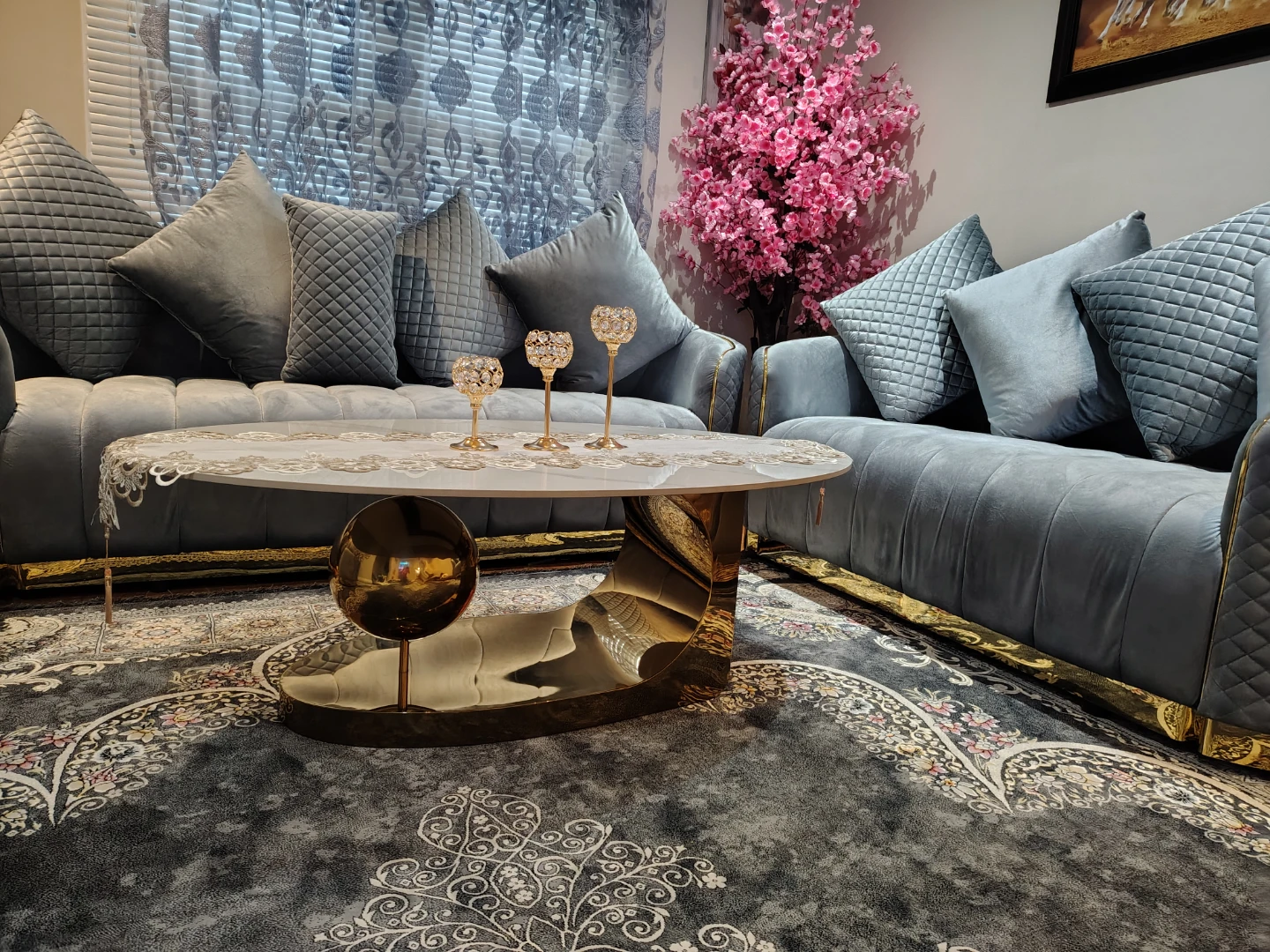Grey Velvet Sofa Set with Gold Accents - photo 3