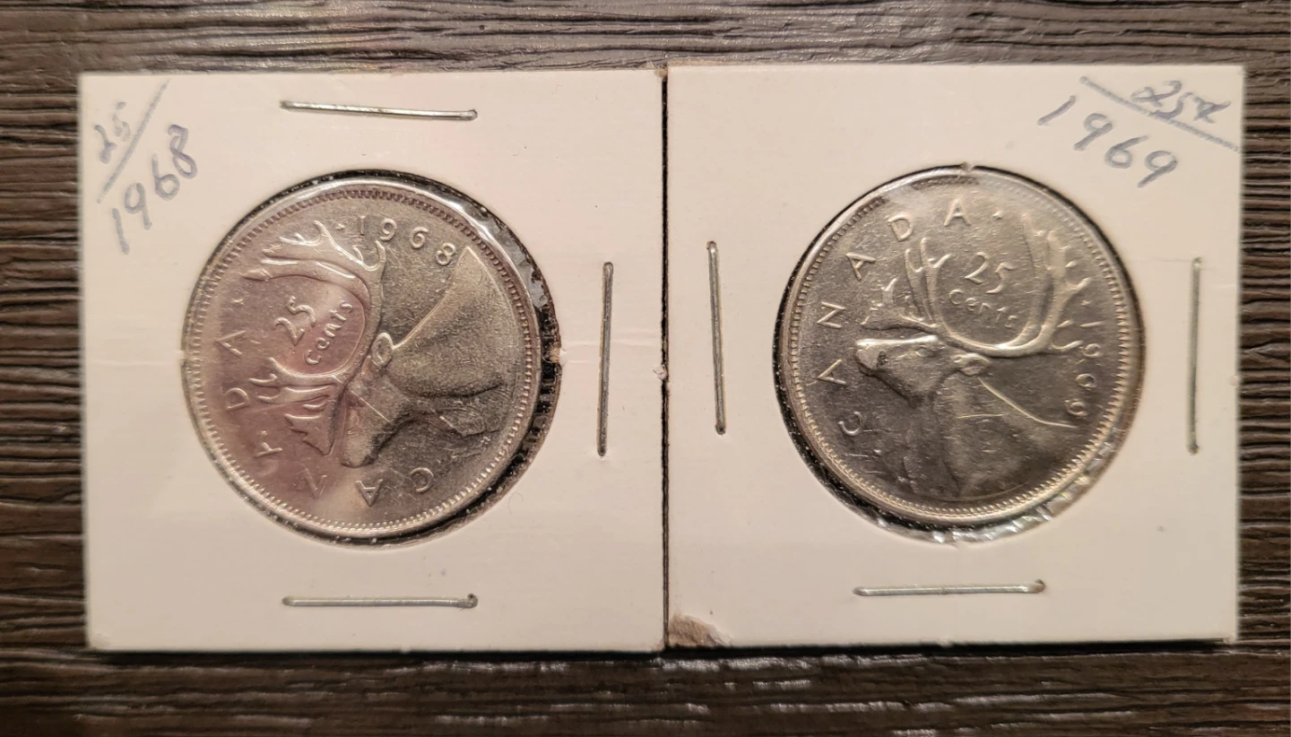 Vintage Canadian 25 Cent Coins - 1968 & 1969