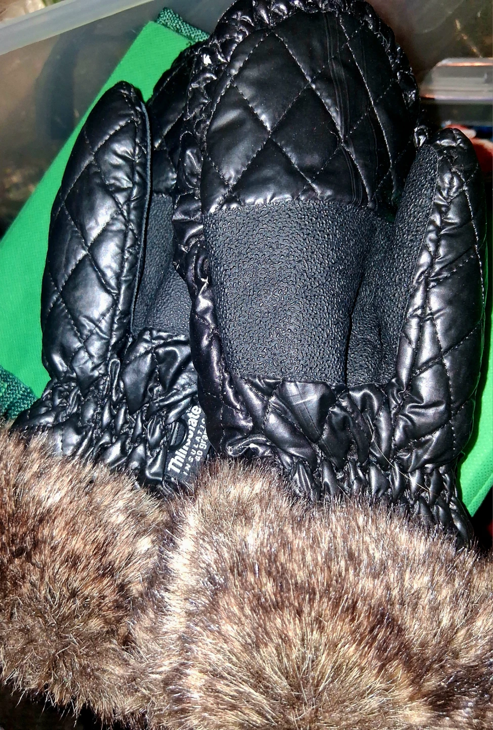 Black Thinsulate Mittens with Faux Fur Trim