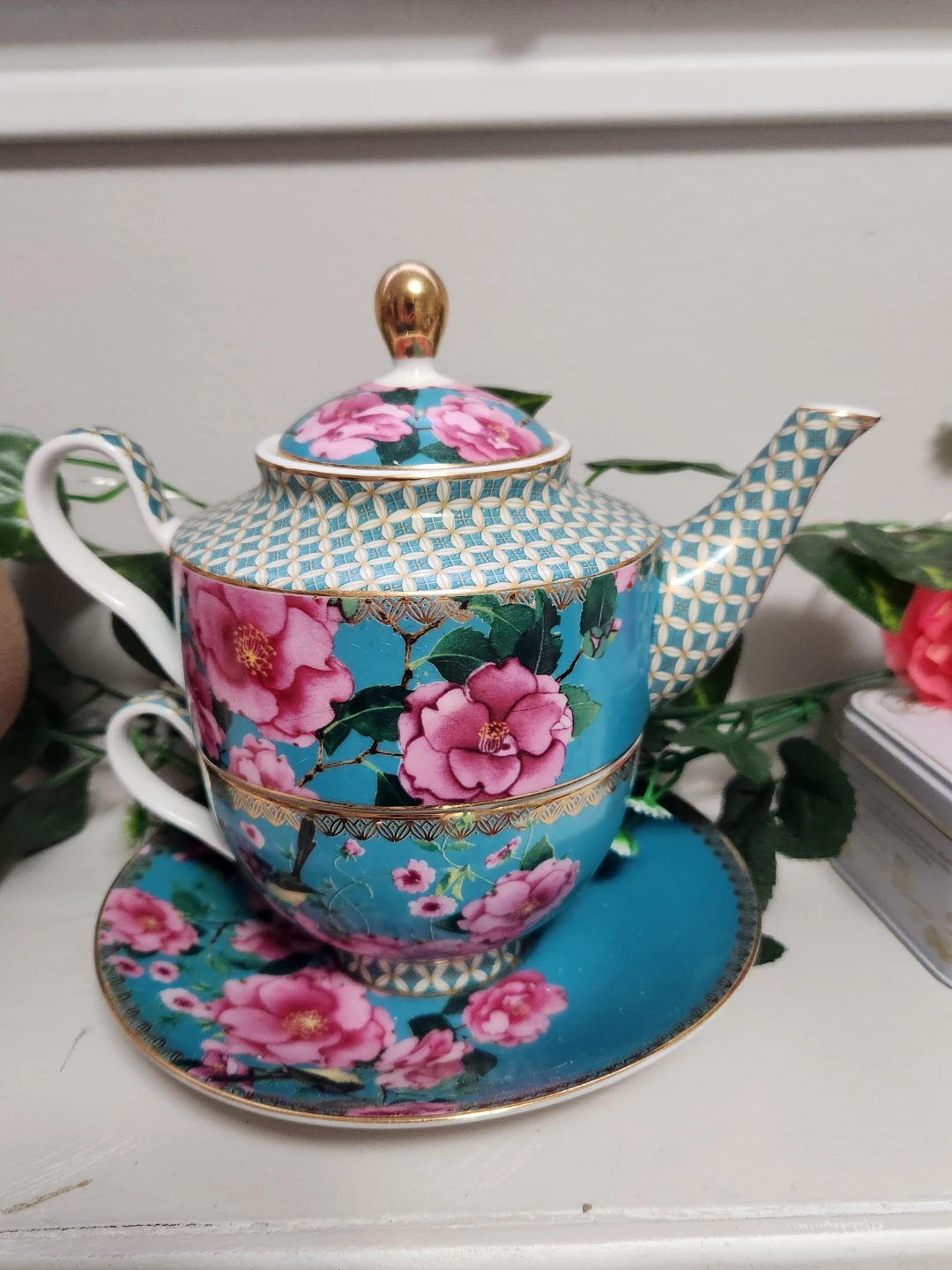 TWO Floral Teapot and Cup Set - Teal & Red