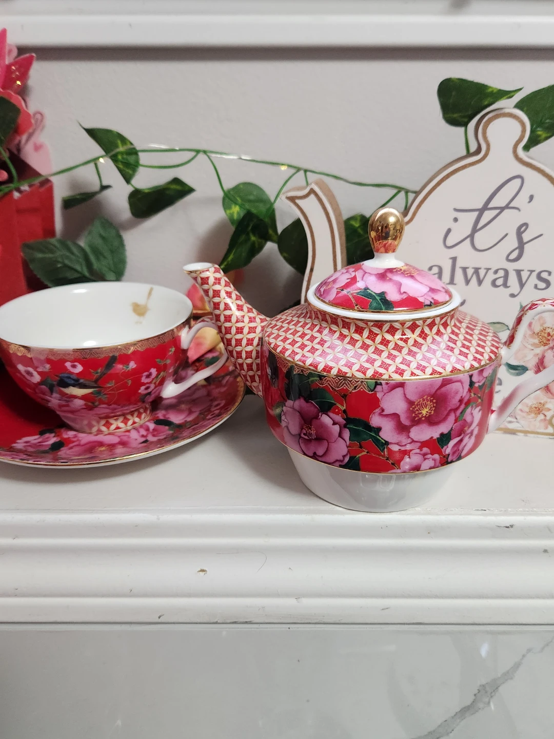 TWO Floral Teapot and Cup Set - Teal & Red - photo 2