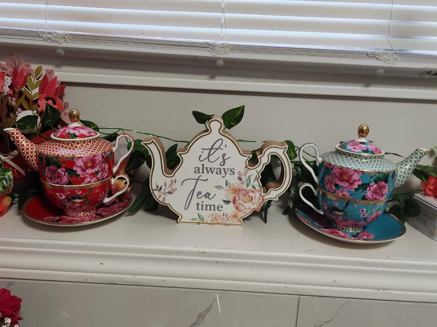 TWO Floral Teapot and Cup Set - Teal & Red - photo 3