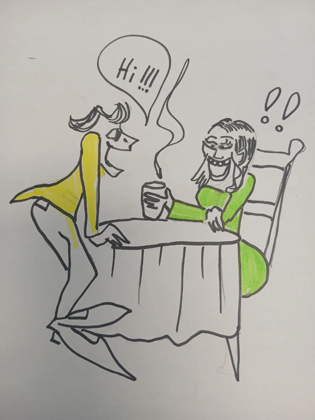 Hand-drawn illustration of two people chatting over coffee