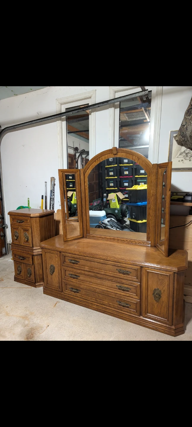 Oak Dresser with Tri-Fold Mirror and Matching Nightstands