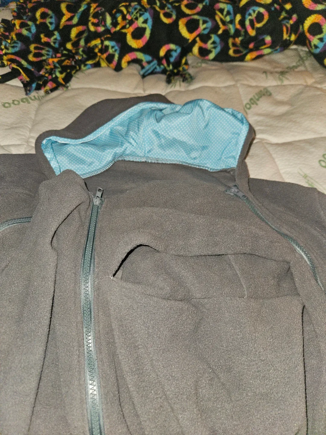 Gray Fleece Zip-Up Hoodie that holds baby