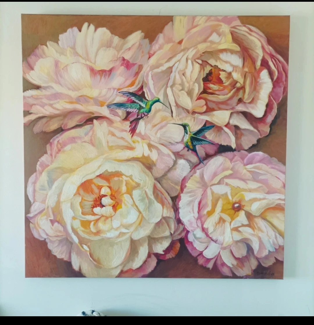 Framed Oil Painting of Peonies and Hummingbirds - photo 4