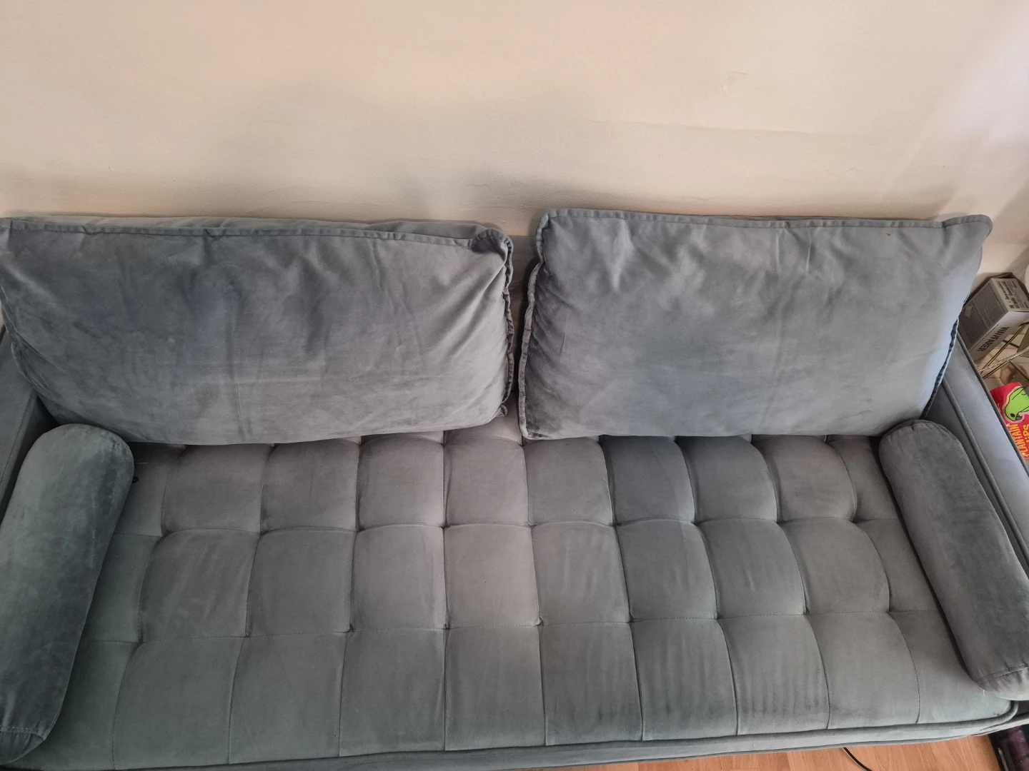 Blue/green Velvet Tufted Sofa with Bolster Pillows - photo 2