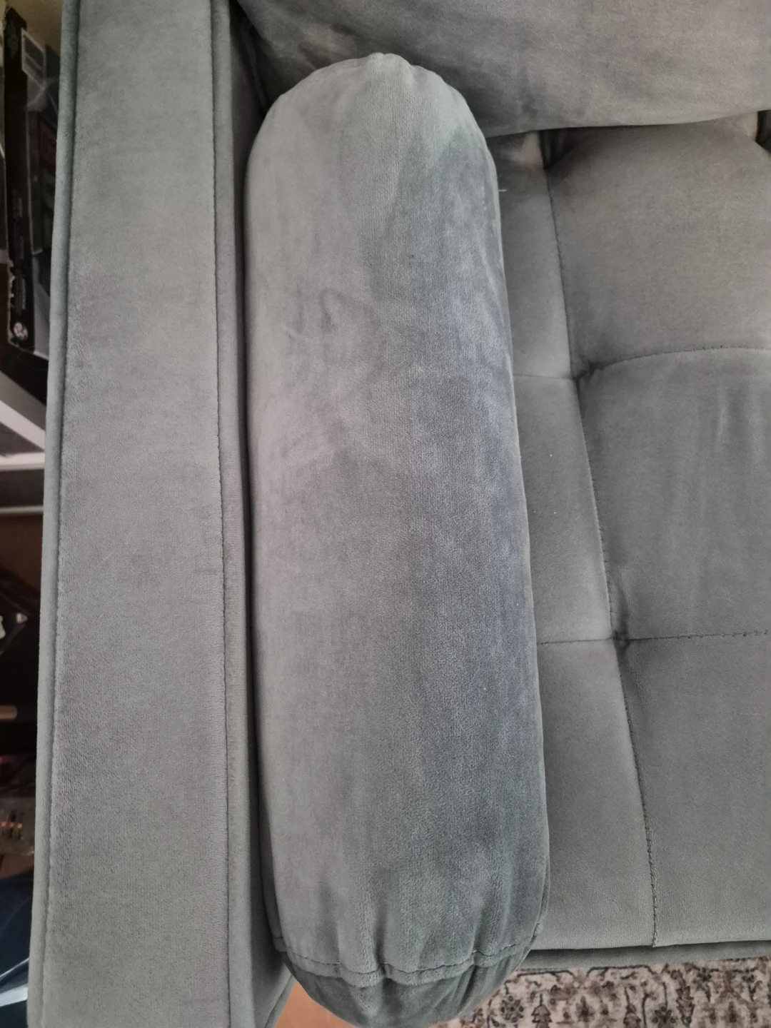 Blue/green Velvet Tufted Sofa with Bolster Pillows - photo 3