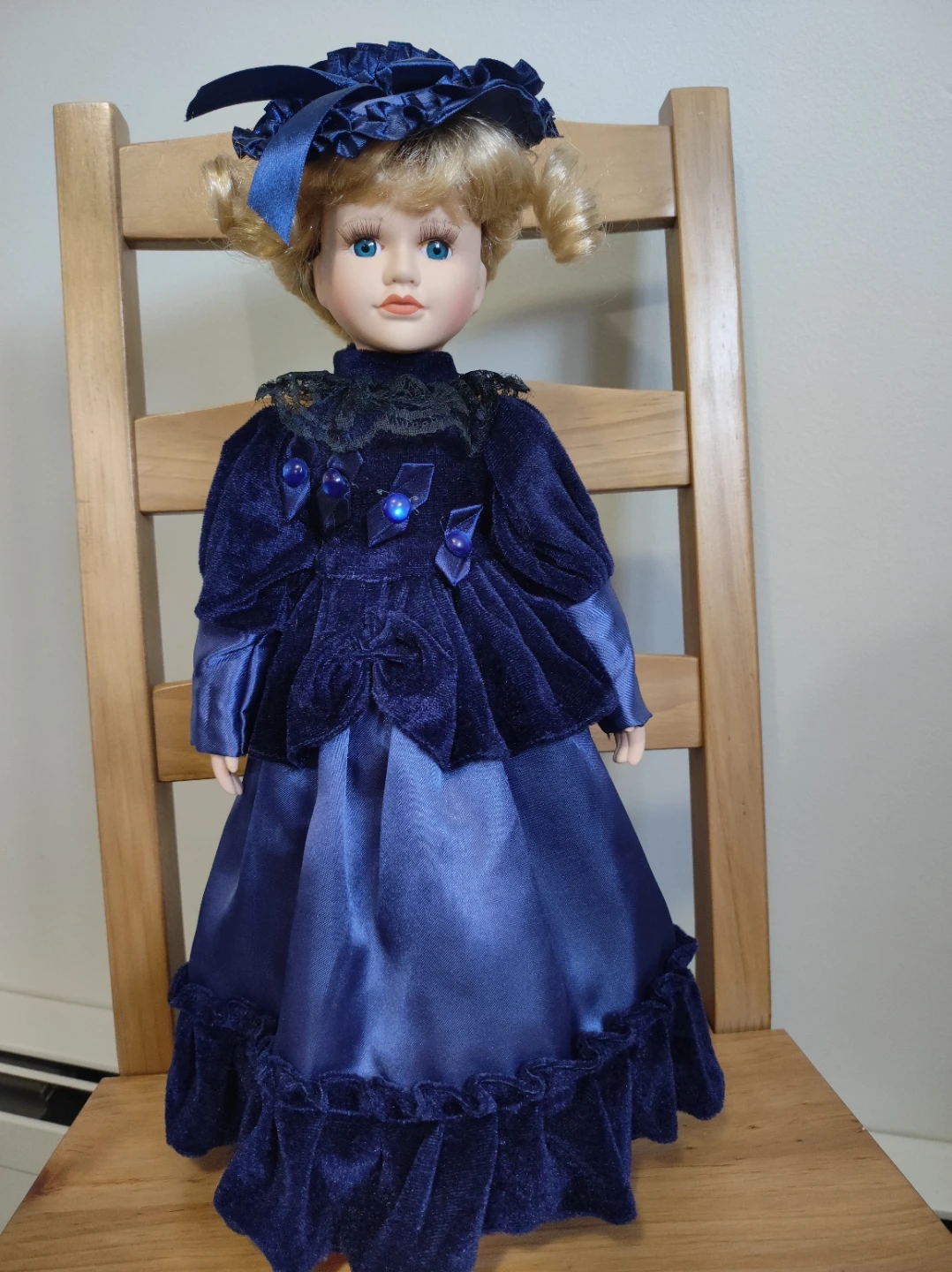 Vintage Porcelain Doll in Blue Velvet Dress