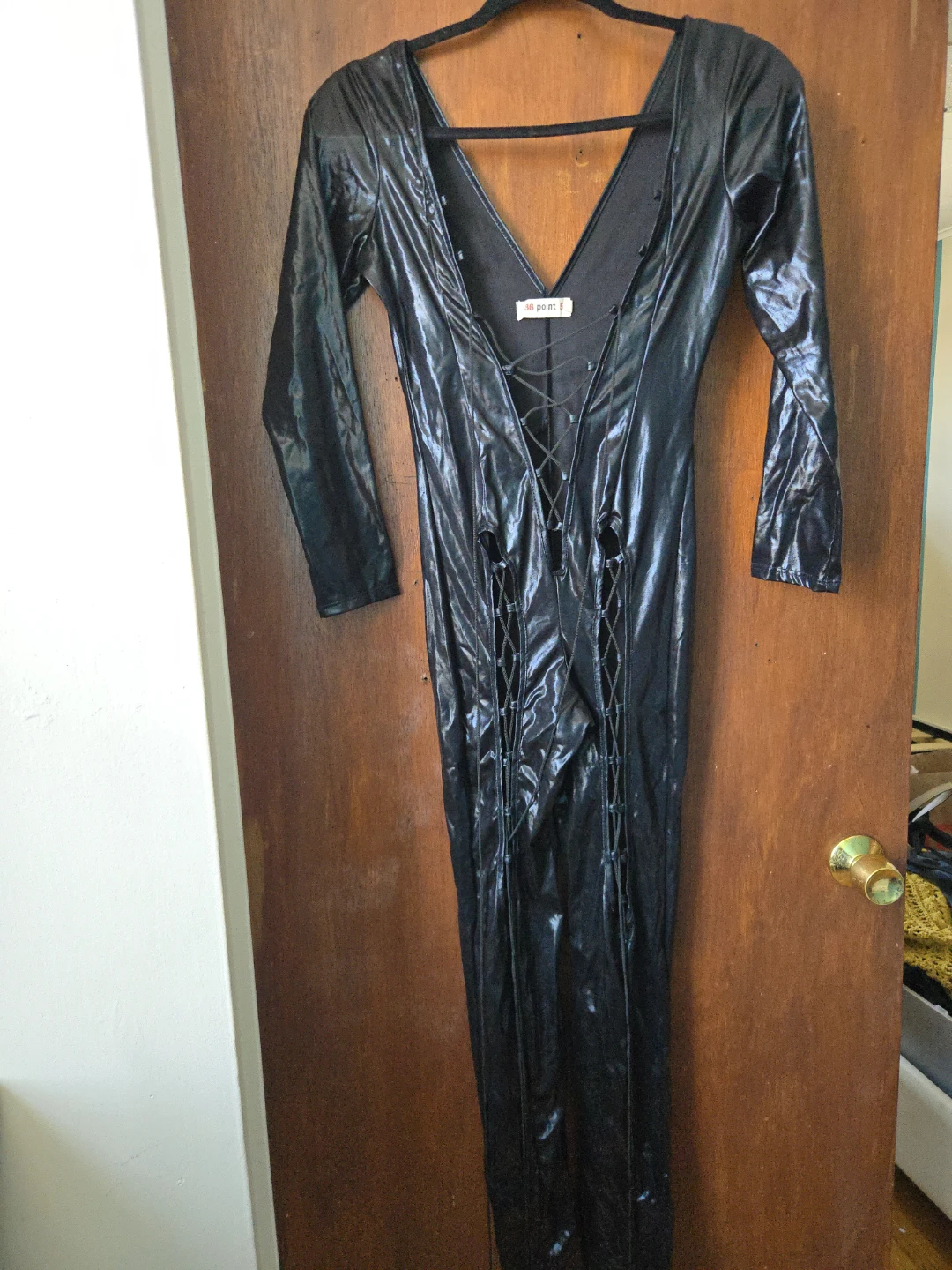 36 point 5 Black Lace-Up Faux Leather Long Sleeve Dress - photo 4