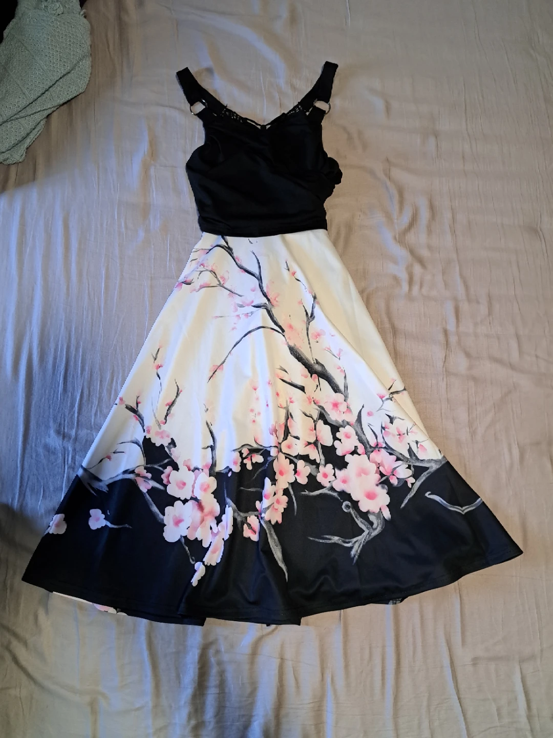 Black and white dress with cherry blossom print