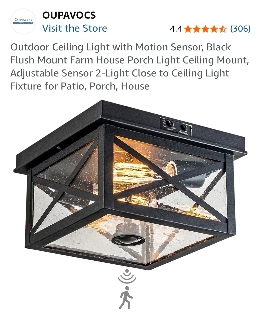 OUPAVOCS Outdoor Ceiling Light with Motion Sensor - Black