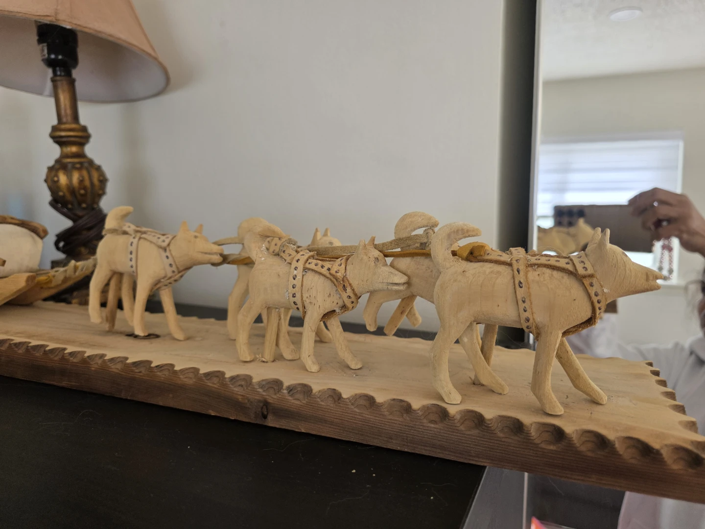 Hand Carved Wooden Dog Sled with Huskies