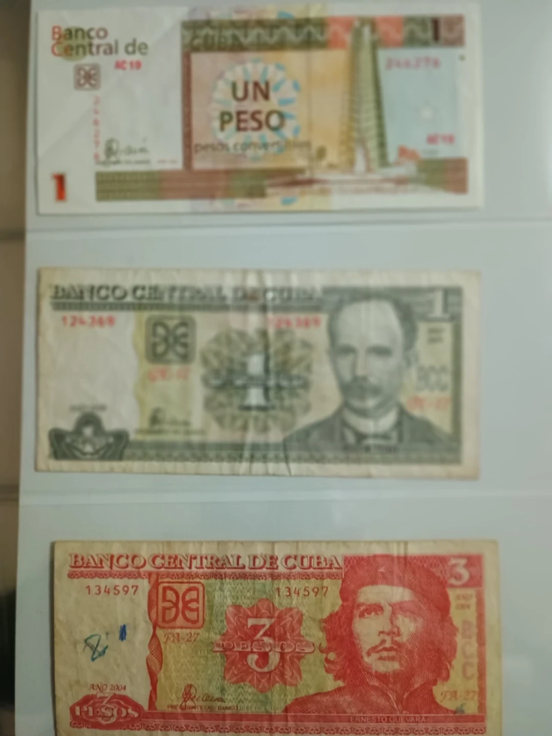 Collection of Cuban Pesos - 1, 3, and 5 Peso Banknotes