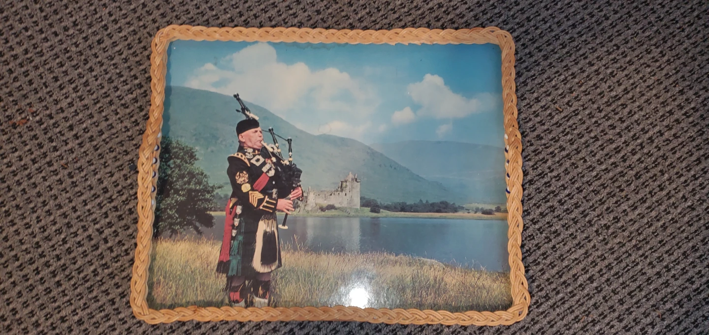 Vintage Wicker Tray with Bagpiper and Castle Scene