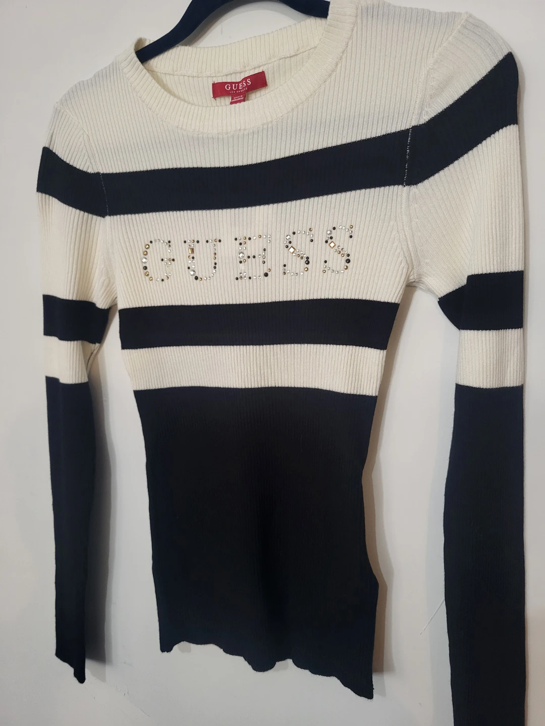 Guess Ribbed Striped Sweater with Rhinestone Logo