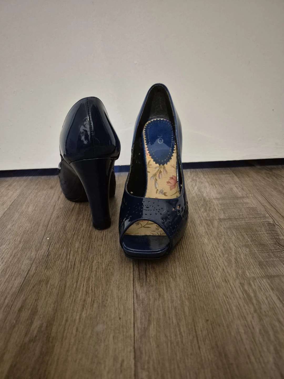 Navy Blue Patent Peep Toe Heels - Size 36 - photo 2