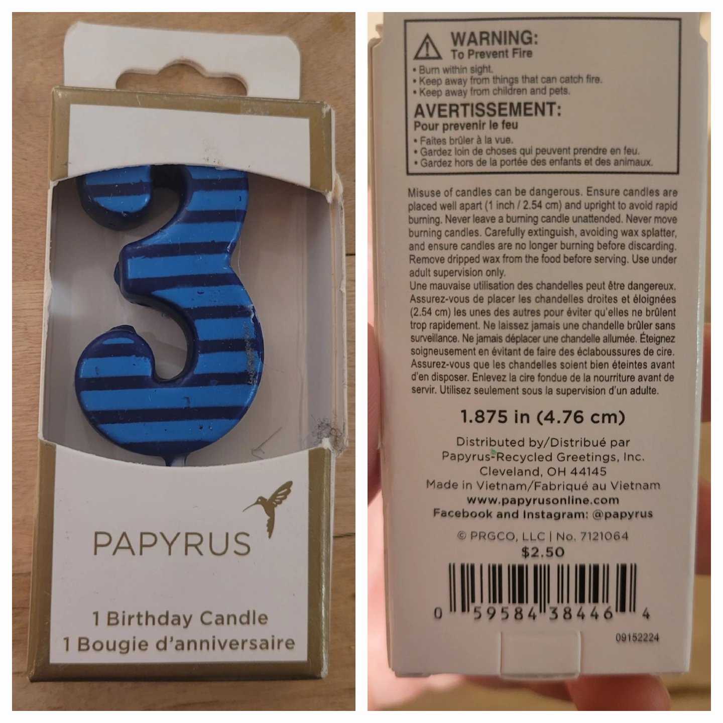 Papyrus Blue Striped Number 3 Birthday Candle🌱