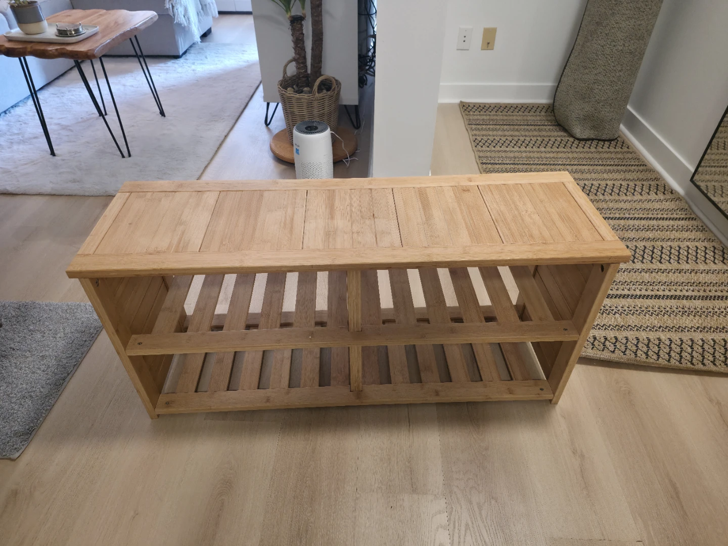 Wooden Bench with Two Shelves