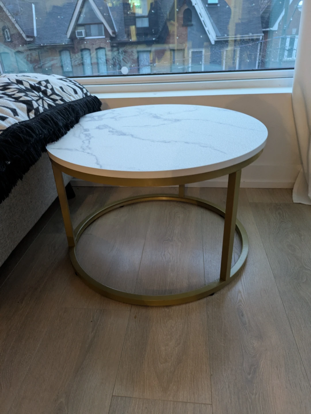 Round Marble-Look Side Table with Gold Base