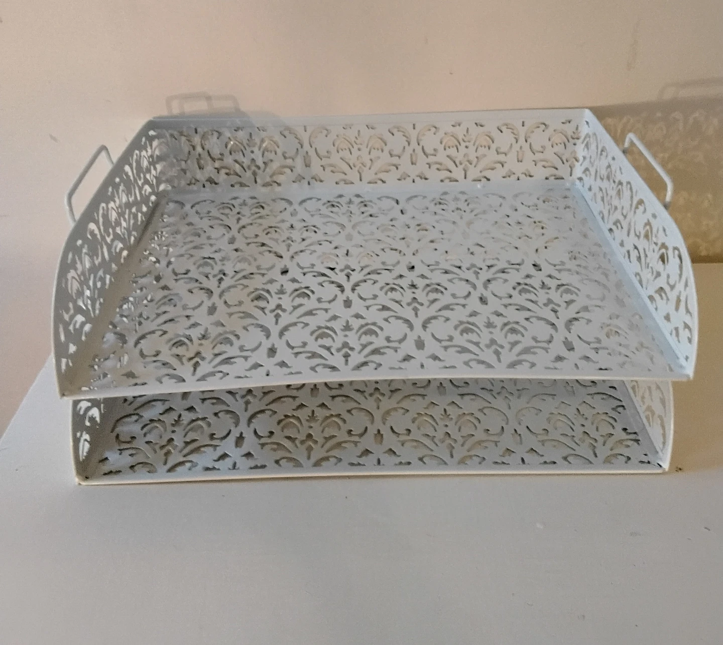 White Metal Stackable Trays with Handles (set of 2)