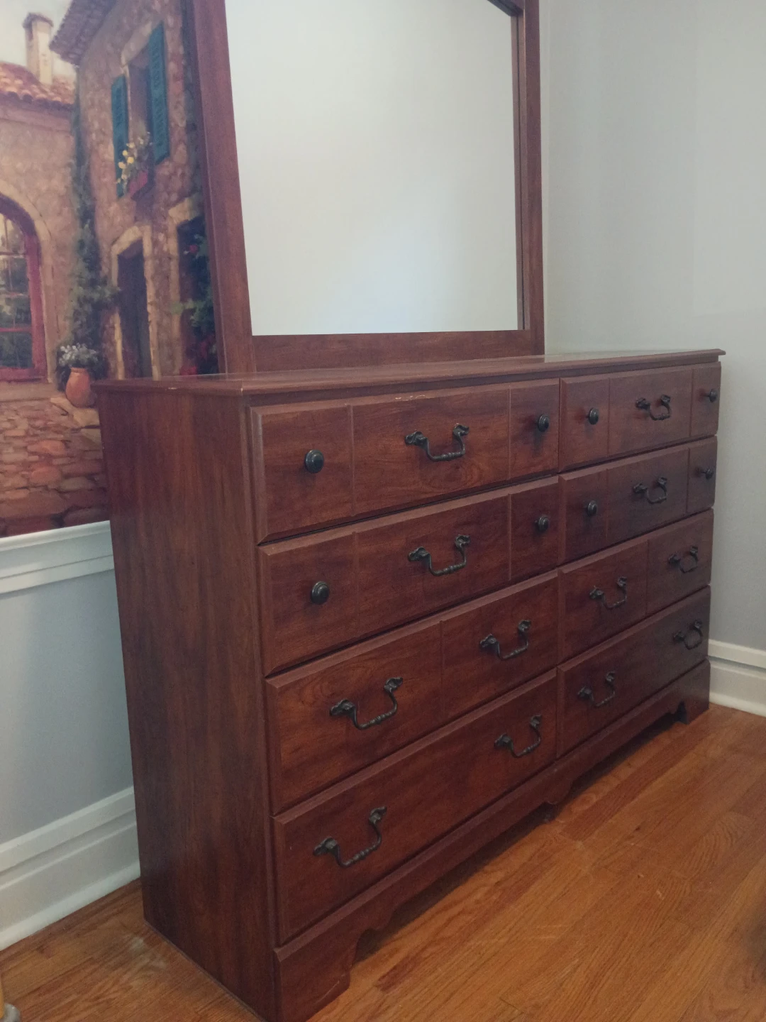 Wooden Dresser with Mirror and Headboard